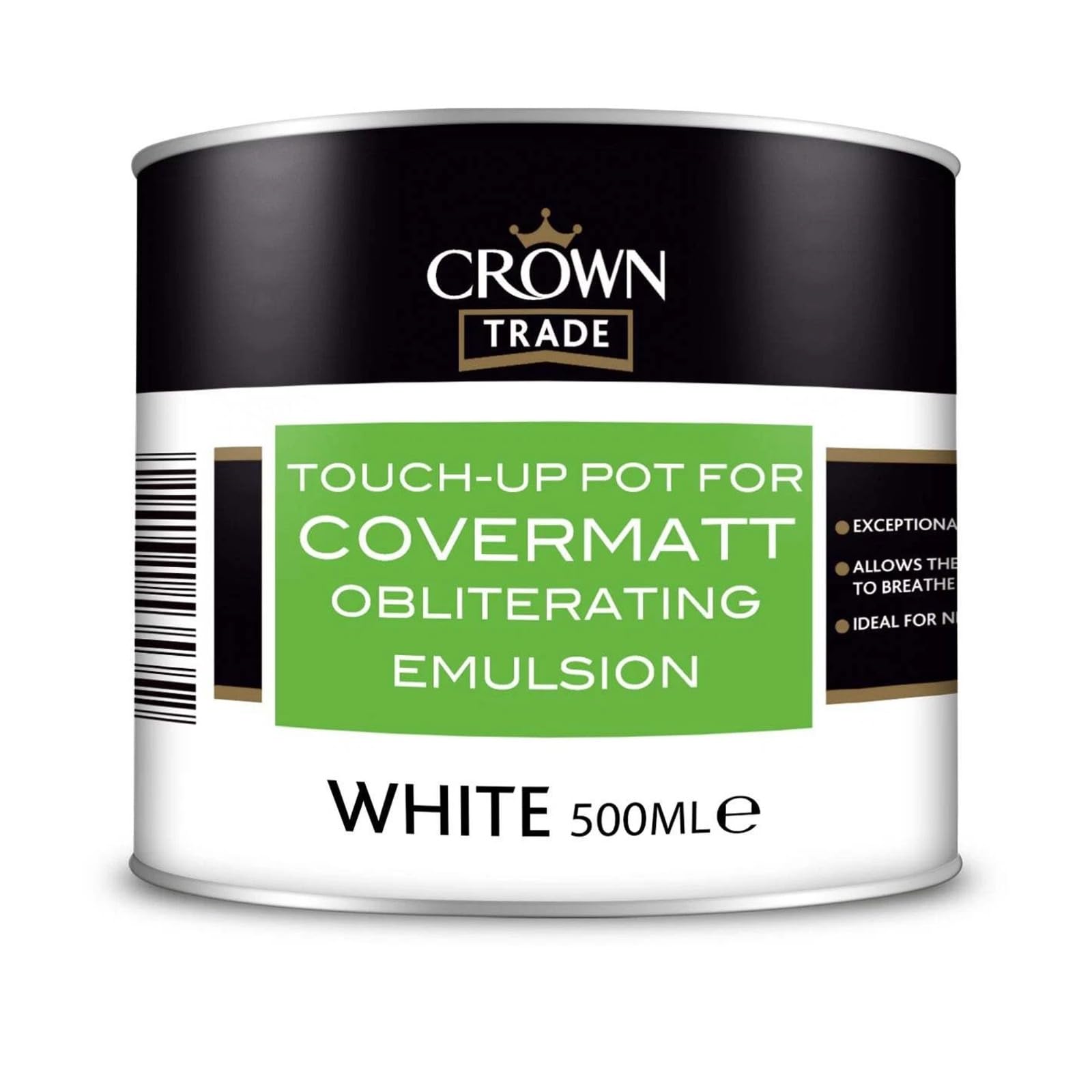 Crown Trade Covermatt Matt Emulsion Paint, High Opacity Interior Paint for New Plaster, Quick Drying Water-Based Wall & Ceiling Paint, Low Splatter, Professional Finish, White, 500ml