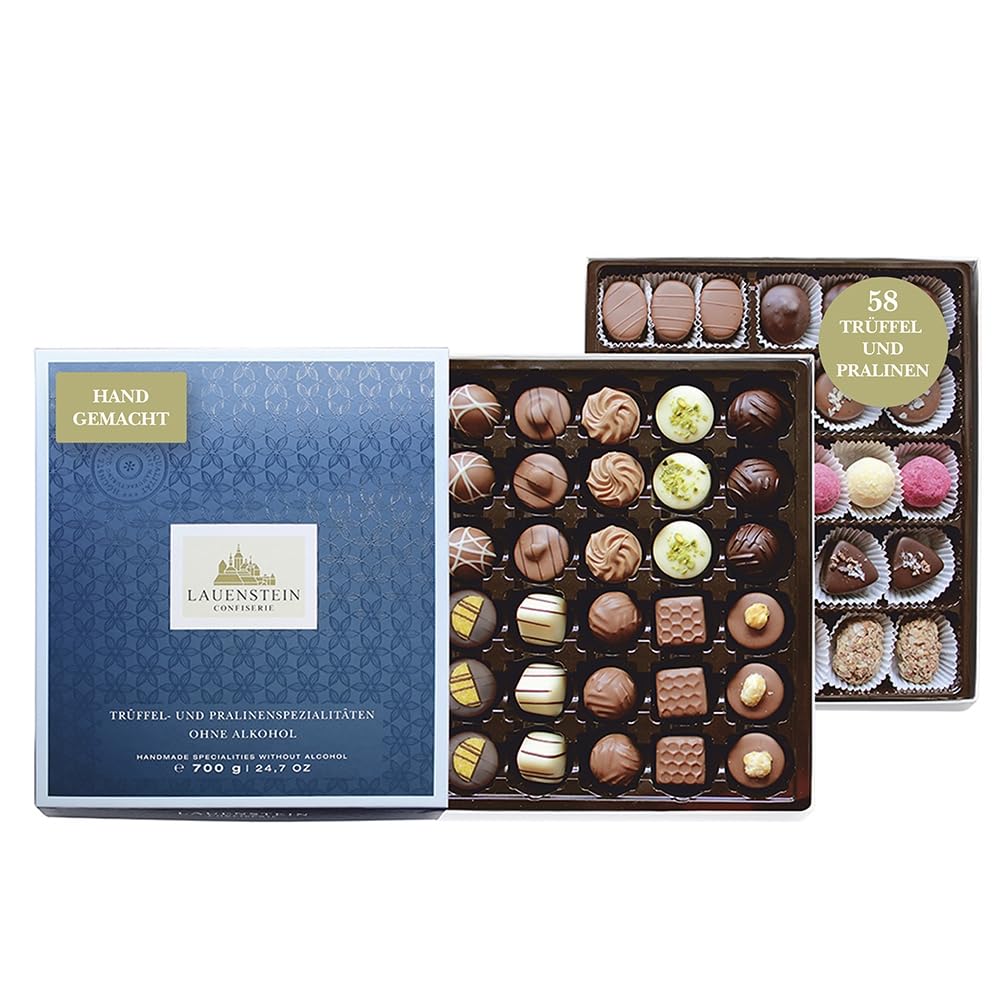 Lauensteiner - Selección de bombones sin alcohol, 700 g, en caja de regalo elegante en 26 deliciosas variaciones, chocolate para grandes y pequeños.