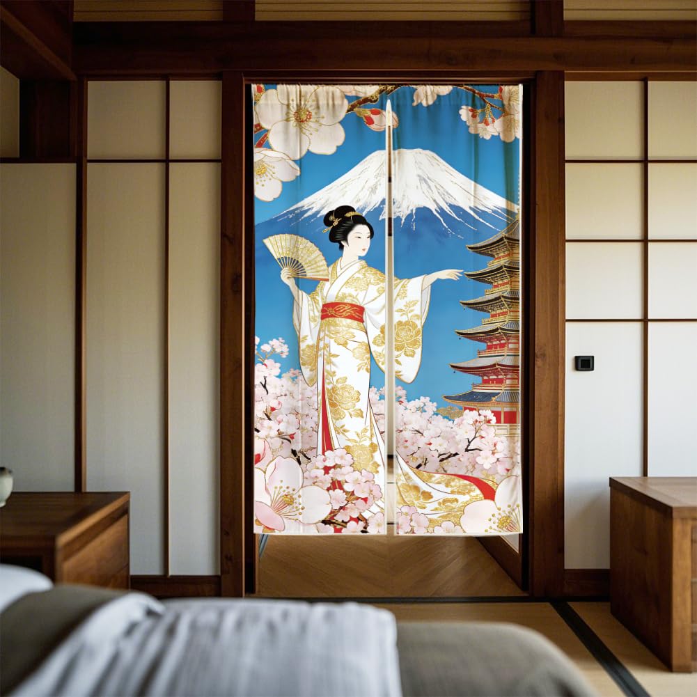 Rideau de porte design japonais avec femmes en kimonos, en lin, séparateur de pièce pour porte, fenêtre, cuisine, 150 x 85 cm