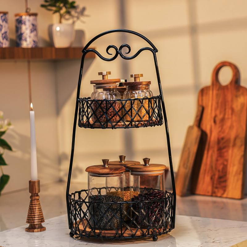 Image of Orbit Multipurpose 2-Tier Storage Basket | Acacia Wood & Iron Handles | Wooden Storage Organizer | Kitchen, Living Room, Bathroom & Home Decor | Natural Finish