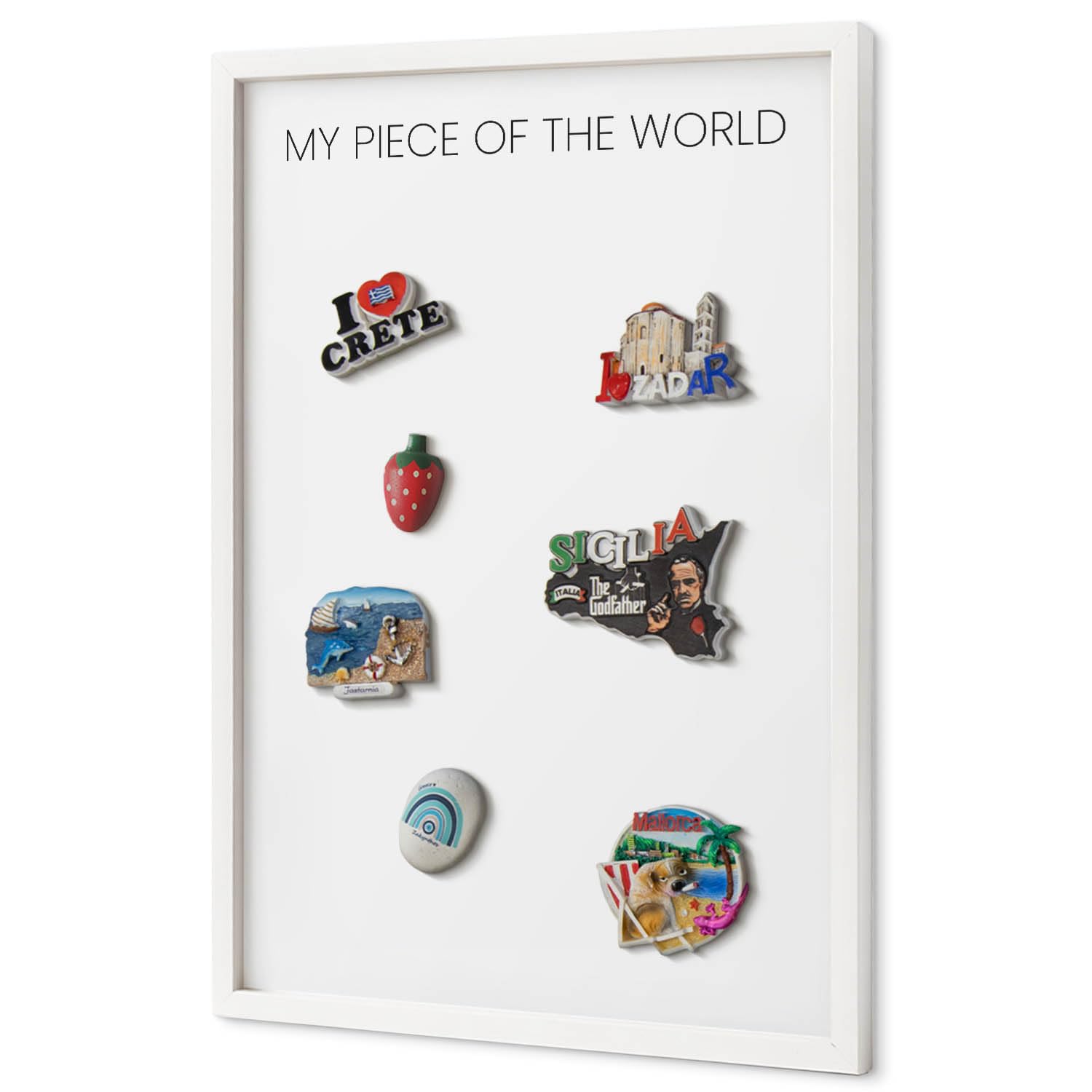 Tablero Imantado 40x60 cm | con Marco Blanco | My Piece Of The World | Montaje Fácil | Pizarra Magnética | Para Souvenirs de Viaje | Para Imanes Turísticos, Fotos Polaroid y Postales | Para Cocina