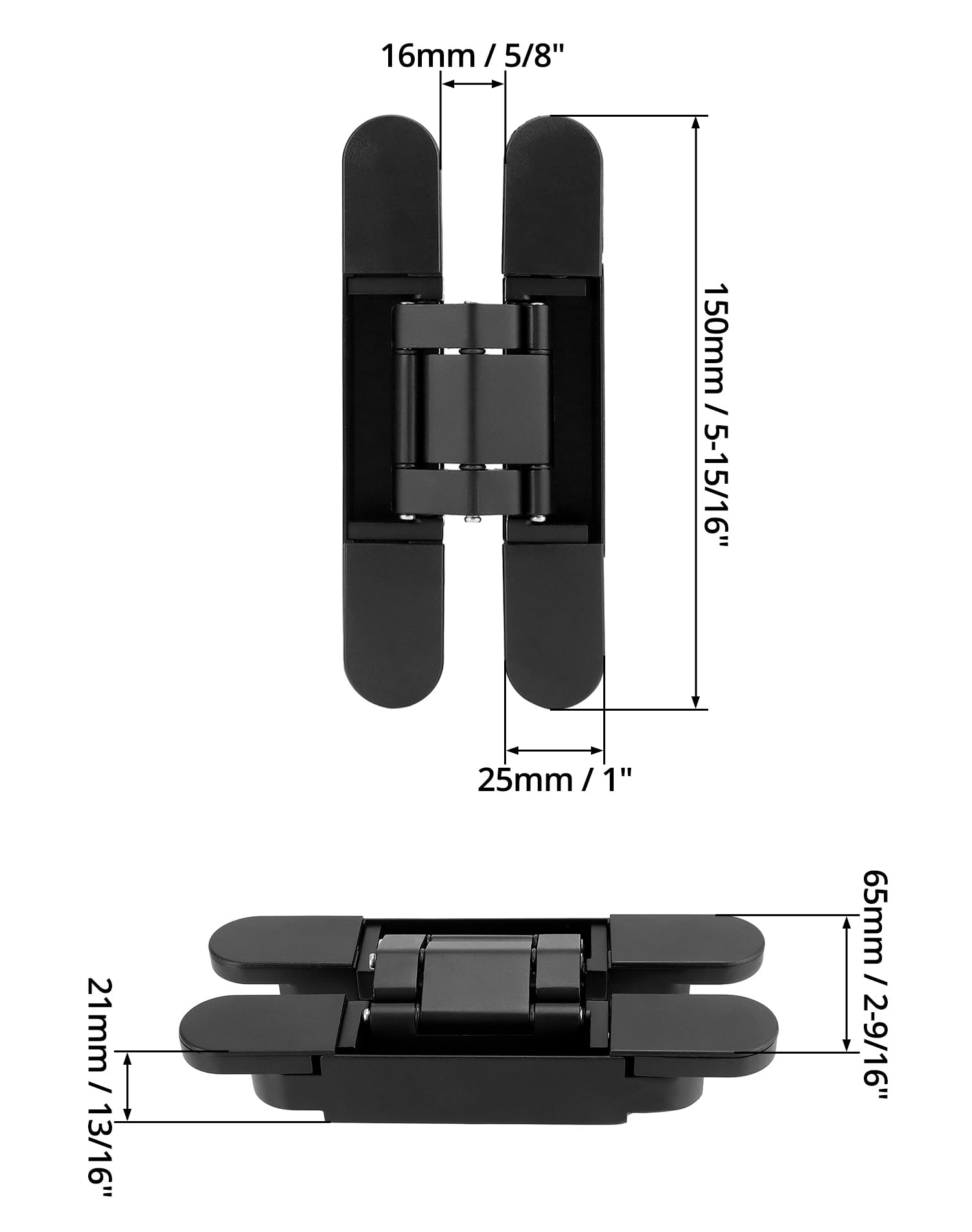 QWORK Bisagras de puerta ocultas ajustables (paquete de 2) en negro elegante, aleación de zinc de 6 pulgadas, ajuste de 3 vías, oscilación de 180 grados, para puertas de hasta 850 mm de ancho y 88