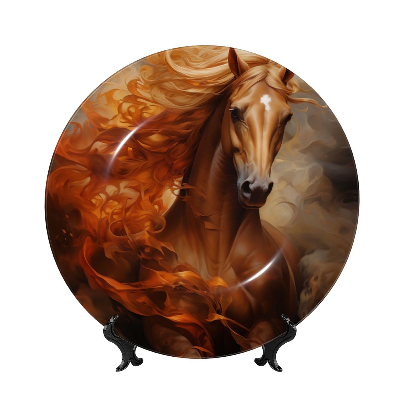 SXZVVBN A horse with a flowing mane Bone China Decorative Plate Art with Stand Removable Adhesive Hanging for Home Office 7in