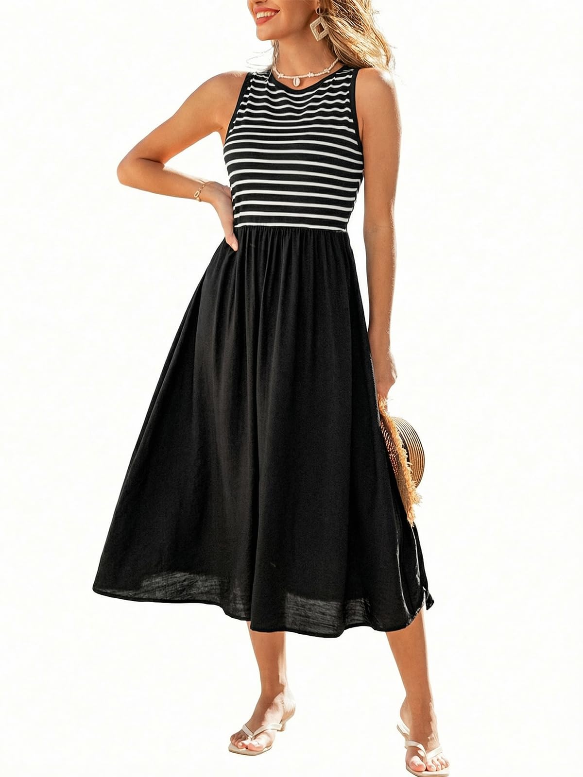 CUPSHE Sommerkleid Damen ärmellos mit Rundhals und Streifen-Patchwork | Das gestreifte Oberteil trifft an der Taille auf einen einfarbigen Rock und macht den Patchwork-Kontrast zum Mittelpunkt.