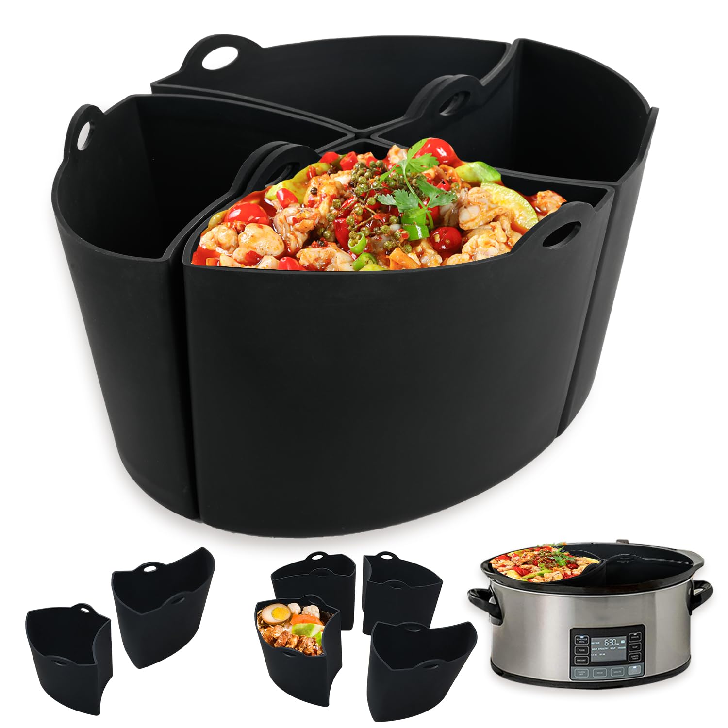 YSF Silicone Slow Cooker Liners, Reusable 4 Divider Inserts, Fits Crock-pot Oval 8 QT 4-in-1 Slow Cooking, Leakproof, Dishwasher Safe, Food-Grade BPA Free, 8 Quart Cook Four Dishes at Once (Black)