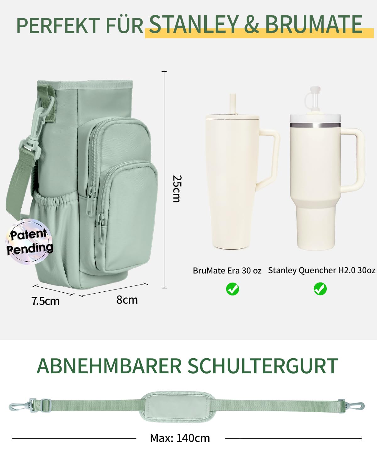 sportsnew Trinkflaschen-Tragetasche für Stanley Adventure Quencher 30oz & 40oz mit Taschen, Verstellbarem Schultergurt Wasserdicht, Leicht & Robust für Alltag, Wandern, Fitness & Hundespaziergänge