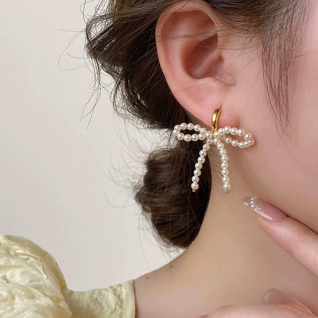 Gold Bow Pearl Dangle Earrings for Women Fashion Sweet Large Ribbon Bowknot Hoop Drop Earrings Hypoallergenic Bow Beaded Earrings Wedding Jewelry Gift - Image 3