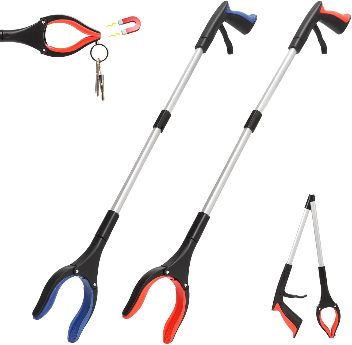 2 Pack Grabber Reacher Tool, 31” Foldable Pickup Tool for Seniors | Grippers with 90° Rotating Head & Magnet - Portable Reacher Grabber for Trash Picking, Mobility Aid (Orange & Blue)