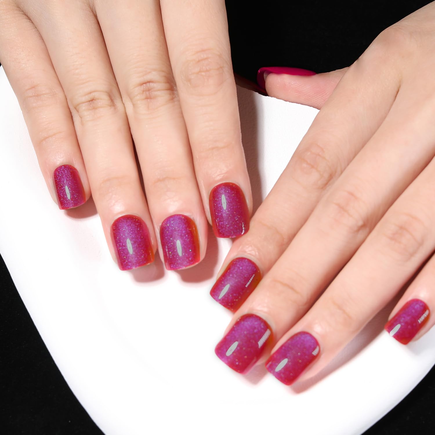 Stbisen Press on Nails Short Square, Blue-Red Shift Cat Eye Press on Nails, Fashion Gel Fake Nails, Reusable Acrylic Fake Nails, Glossy Stick on Nails