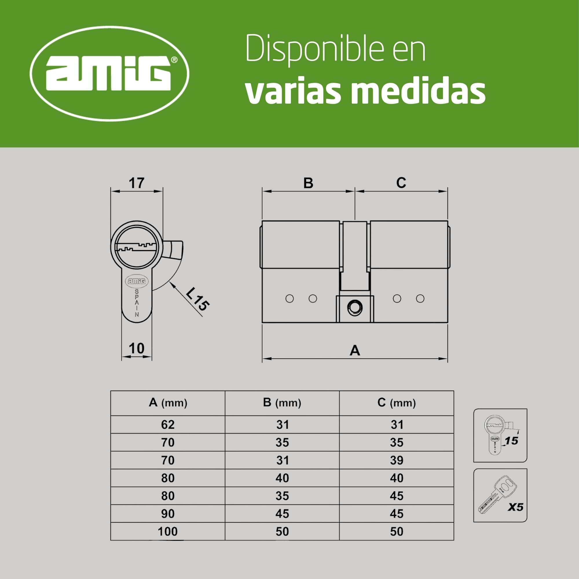 Amig - Cilindro de seguridad - Cerradura para puertas - Bombín de doble embrague - Antiganzúa y Antibumping - Incluye 5 llaves - Dorado mate - Medidas: 80 (35-45 mm)