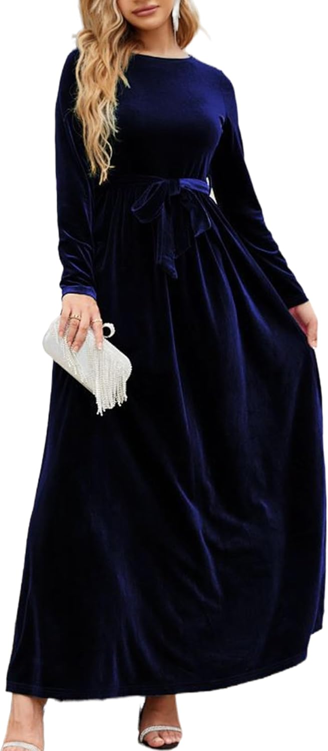 Women's Elegant Velvet Belted Pleated Long Sleeve Cocktail Party Formal Wedding Guest A-Line Maxi Long Dress