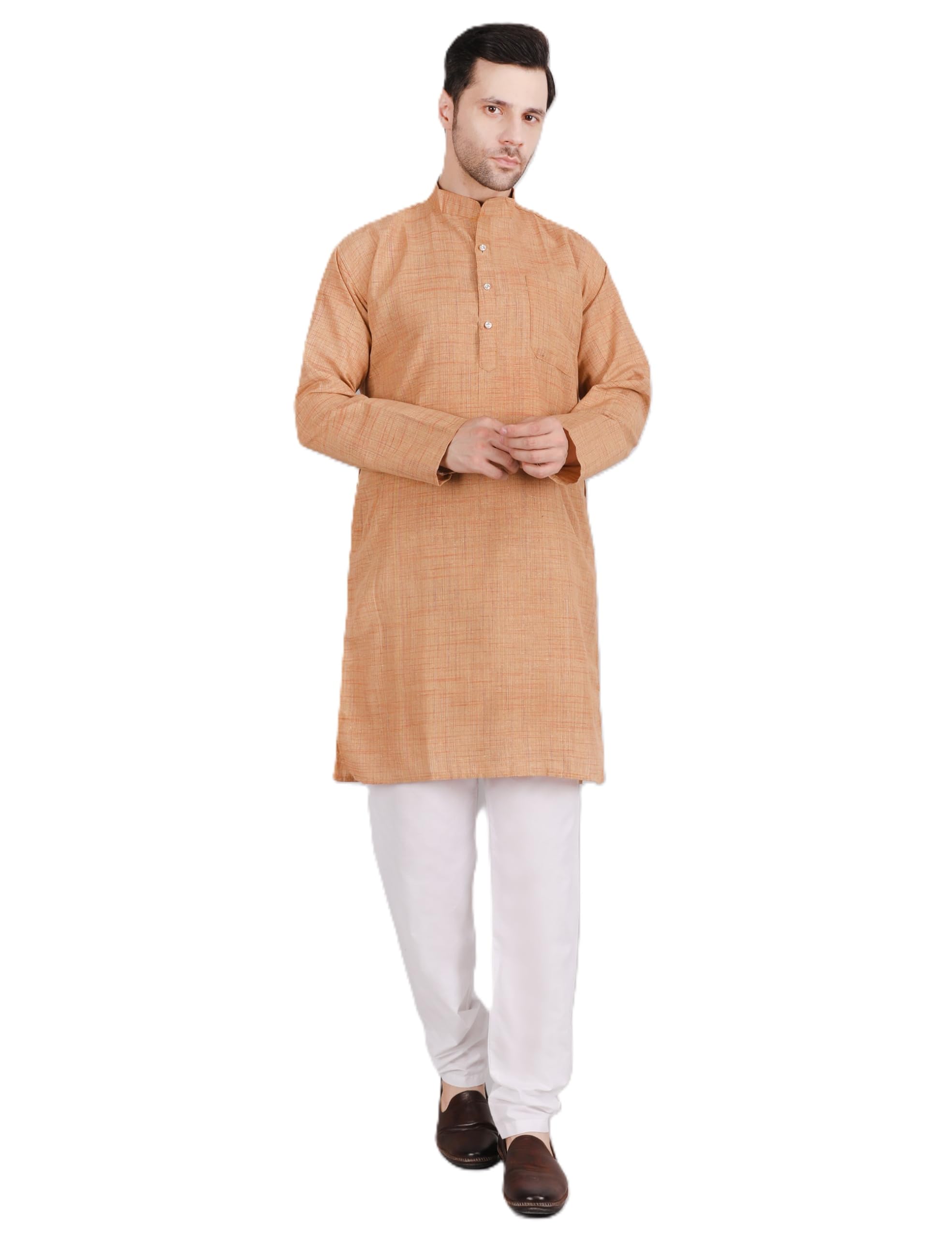 voniry Men's Cotton Traditional Kurta with White Pajama Set, Long Sleeve, Mandarin Collar-picture-49