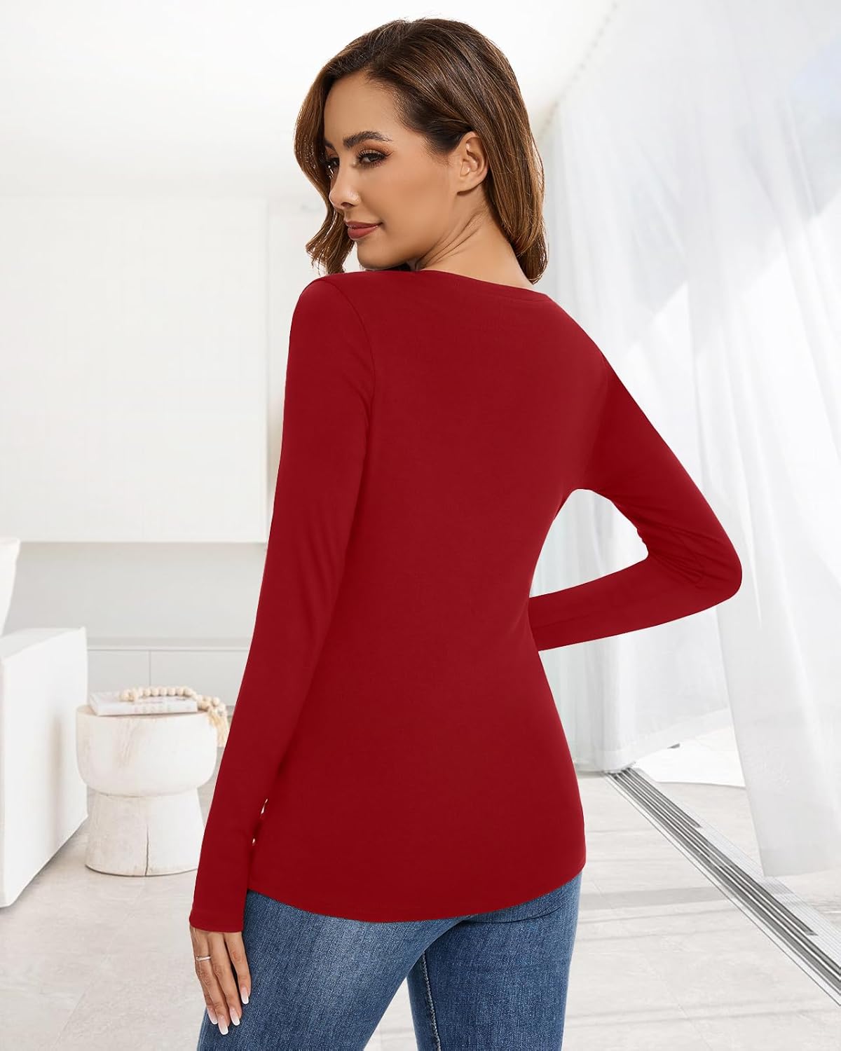 Women's Deep V Neck Wrap Tops Thermal Long Sleeve Shirts Sexy Fitted Tops Winter Fleece Lined Tunic Tops Warm Ruched Top - Image 6