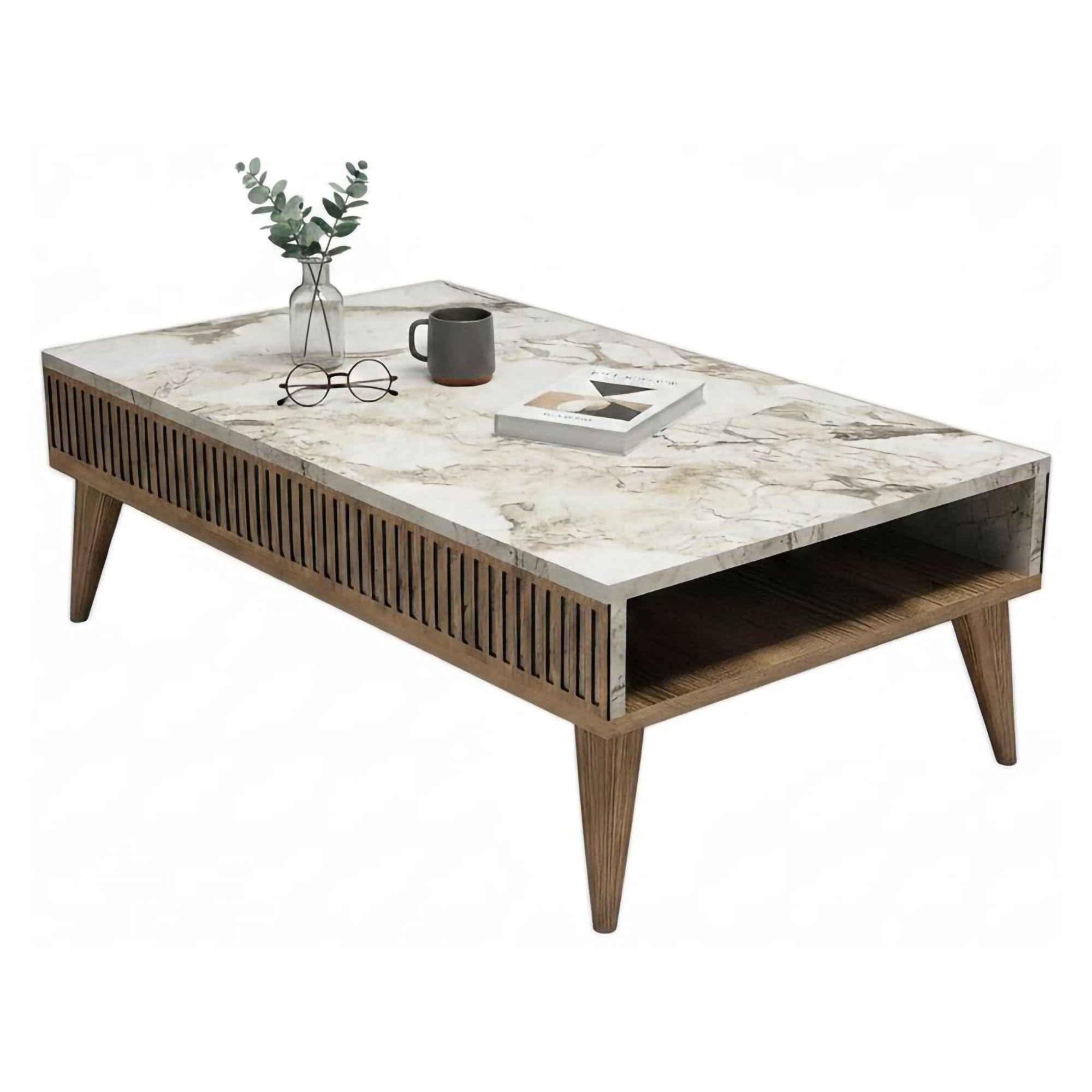 Dmora - Tavolino da Salotto Capricorn, Tavolo Basso da caffè, Portariviste per Divano, Ripiano da Soggiorno, 105x60h35 cm, Noce e Bianco