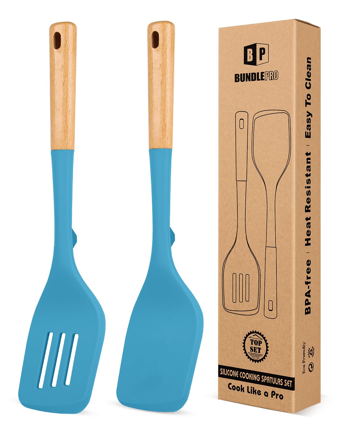 Pack of 2 Large Silicone Spatula, Heat Resistant Solid Turner, Non Stick Slotted Spatulas with Wooden Handle