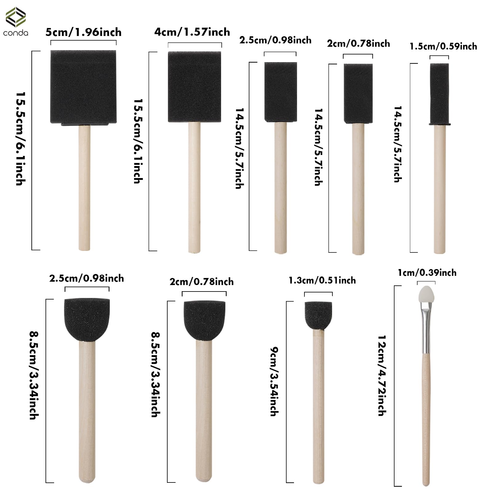 CONDA 25 Pack Foam Brush Set, 0.25"-2" Different Size Sponge Painting Brush Set Wood Handle, Lightweight Durable - Image 3