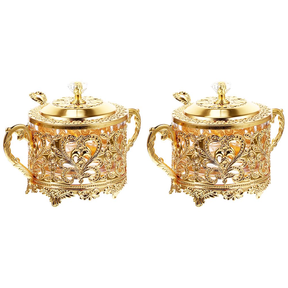 PRETYZOOM 2pcs Sugar Bowl with Lid and Spoon Turkish Sugar Container Coffee Storage Jar Glass Condiment Pot Golden Embossed Saltbox Candy Holders Kitchen Food Canister