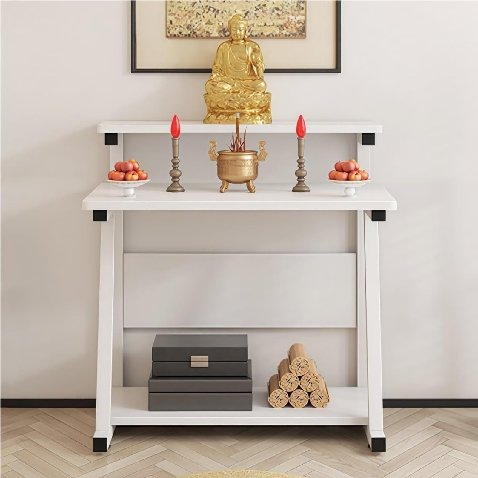 Table de méditation blanche pour créer un coin de paix bouddhiste dans le salon