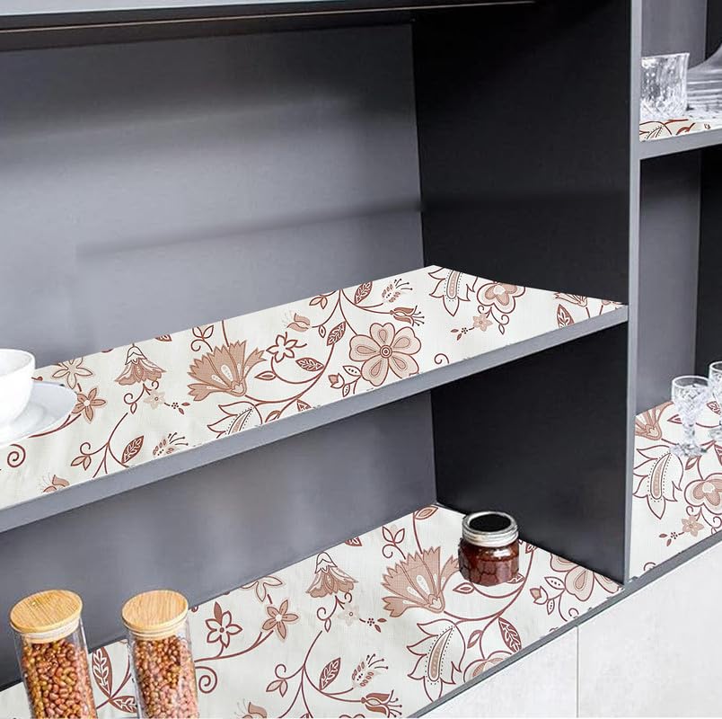 Image of Anti-Slip Kitchen Shelf Liner - 5 Meter Roll, Waterproof Multipurpose Mat for Fridge, Cabinet, Drawer, Trolley & Bathroom - Easy to Cut Floral Blue Print (Gold)
