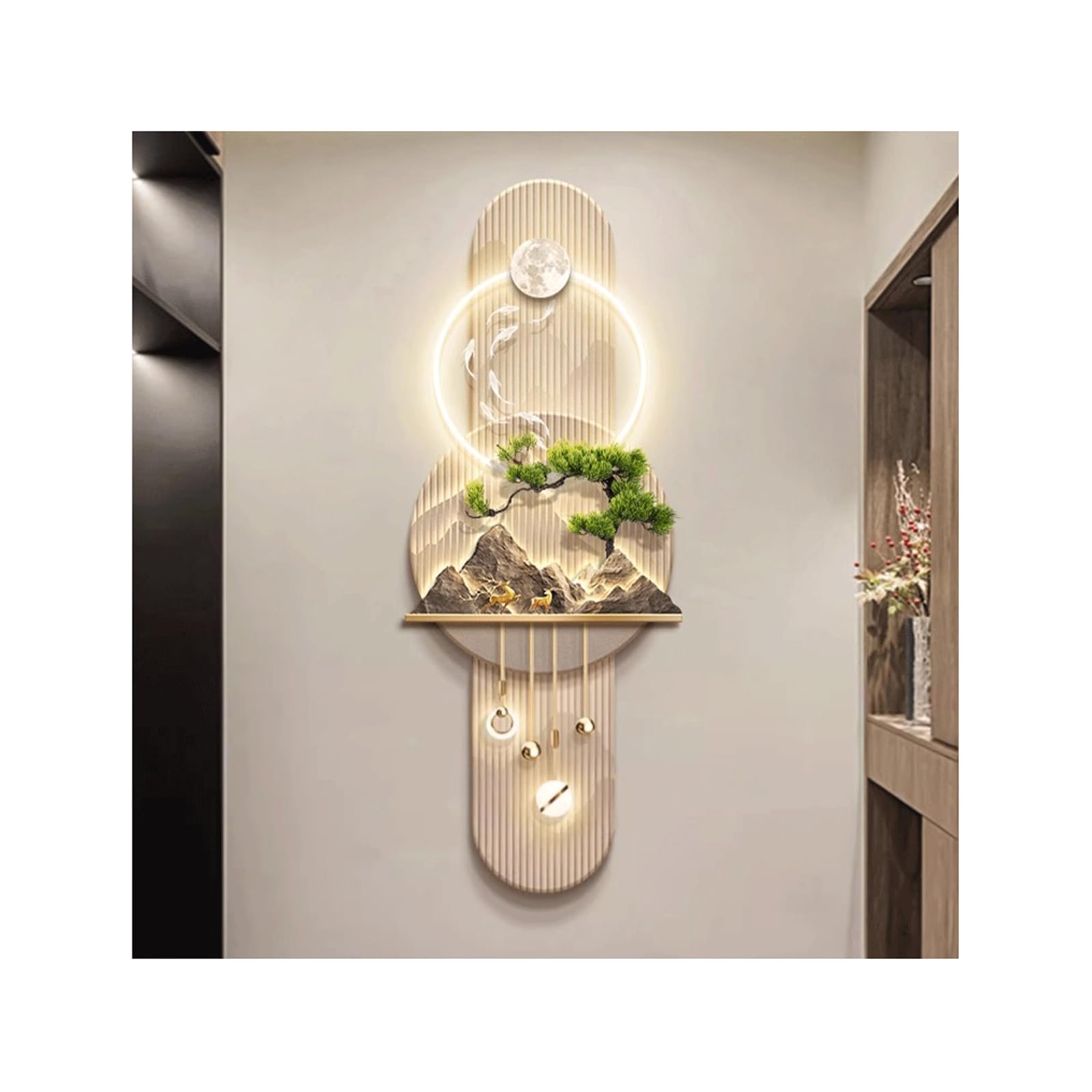 Decoración de Arte de Pared de Paisaje 3D con luz LED Mural de Pared de Suministro de alimentación con montañas y árboles Nine Pescado Pintura de decoración de Entrada