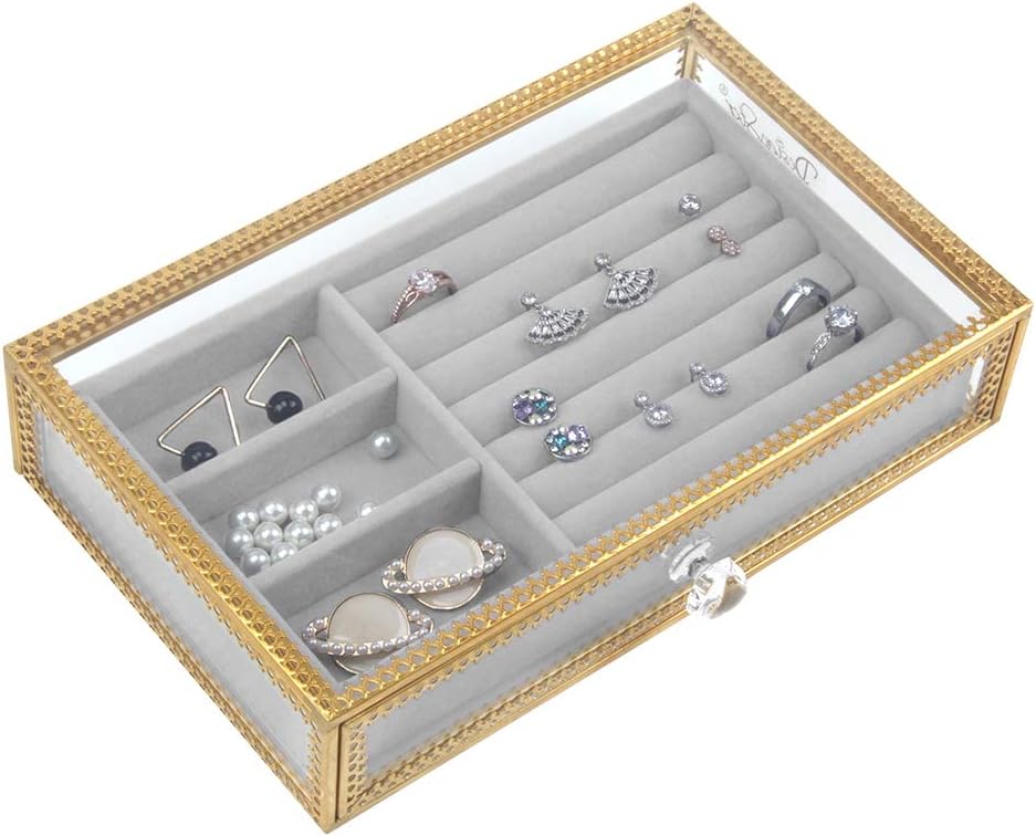 DesignSter Clear Glass Jewelry Box with Removable Velvet Drawer Tray - Vanity Vintage Metal Brass Lace Edged Jewellery Display Dust-proof Organizer for Earring Ring Necklace, etc