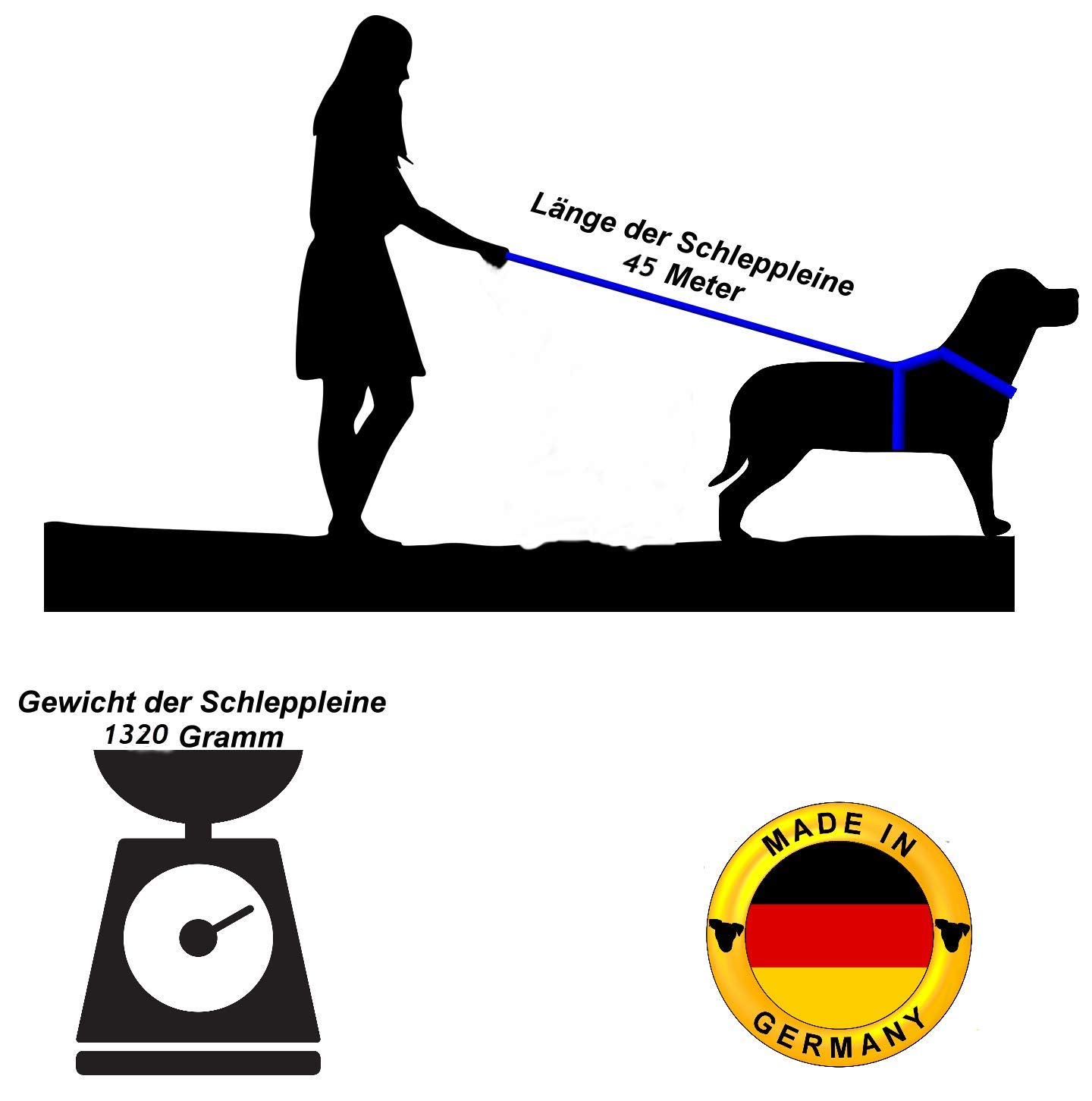Dog Style Schleppleine Hundeleine gummiert 20 mm breit für Hunde bis 50 kg - OHNE Handschlaufe 45 Meter Schwarz Reflektierend Made IN Germany