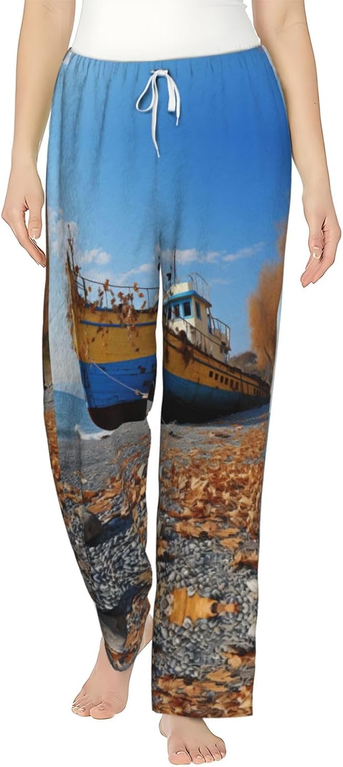 Blue Sky Yellow Beach Boat Print Cozy Christmas Pajama Pants,Flannel Pajama Bottoms,Cater To Various Body Types