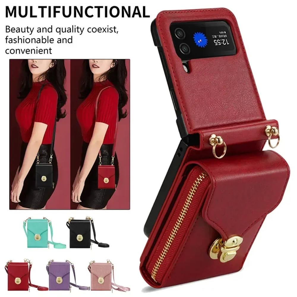 Custodia per telefono con cerniera in pelle con cordino e slot per schede per Samsung Galaxy Z Flip 5 4 3, con cordino, con supporto a conchiglia, viola, per Samsung Z Flip 3
