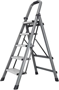 Heavy Duty 5-Step Folding Step Ladder with Handrails – Carbon Steel Stepladder with Wide Anti-Slip Pedals for Kitchen, Closet, Garage, Home Organization (Gray)