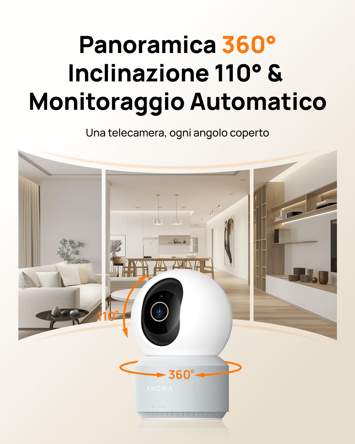 Anona Pano 4K Telecamera WIFI Interno, 8MP Videocamera Sorveglianza Animali/Cane/Bambino, 360° PTZ, Wi-Fi 6 2,4/5G, Auto-Tracking, Rilevamento AI Persone/Animali/Pianto, Privacy, Audio Bidirezionale