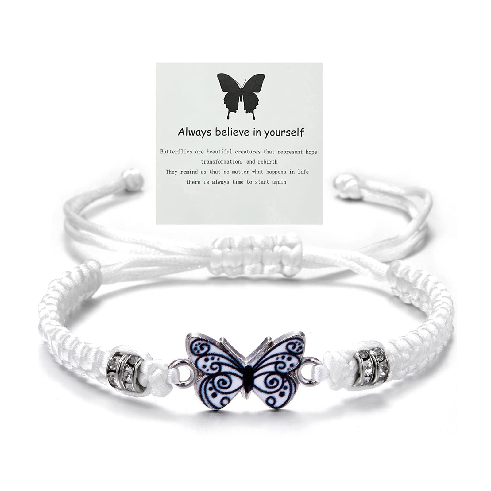 Meztole Always Believe in Yourself Butterfly Bracelet - Cute Charm Bracelets for Women, Adjustable Braided Rope, Lucky Friendship Matching Bracelet