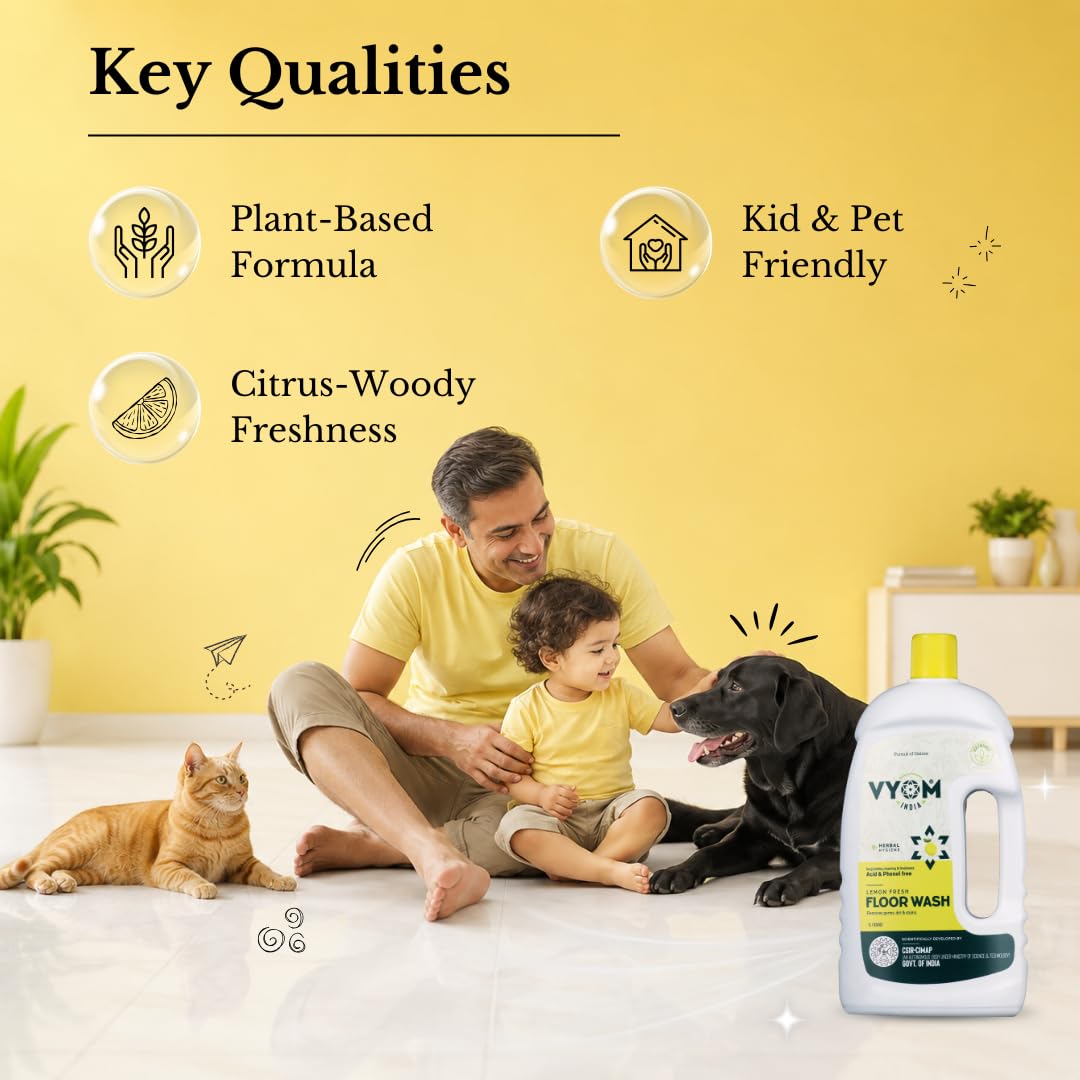 Vyom India Floor Cleaning Liquid - 1L | Safe for Infants, Kid & Pet | Plant-Based, Eco-Friendly Natural Disinfectant - Lemongrass & Cedarwood, Phenyl & Acid Free | Ideal For Floor, Tile, Marbles 4
