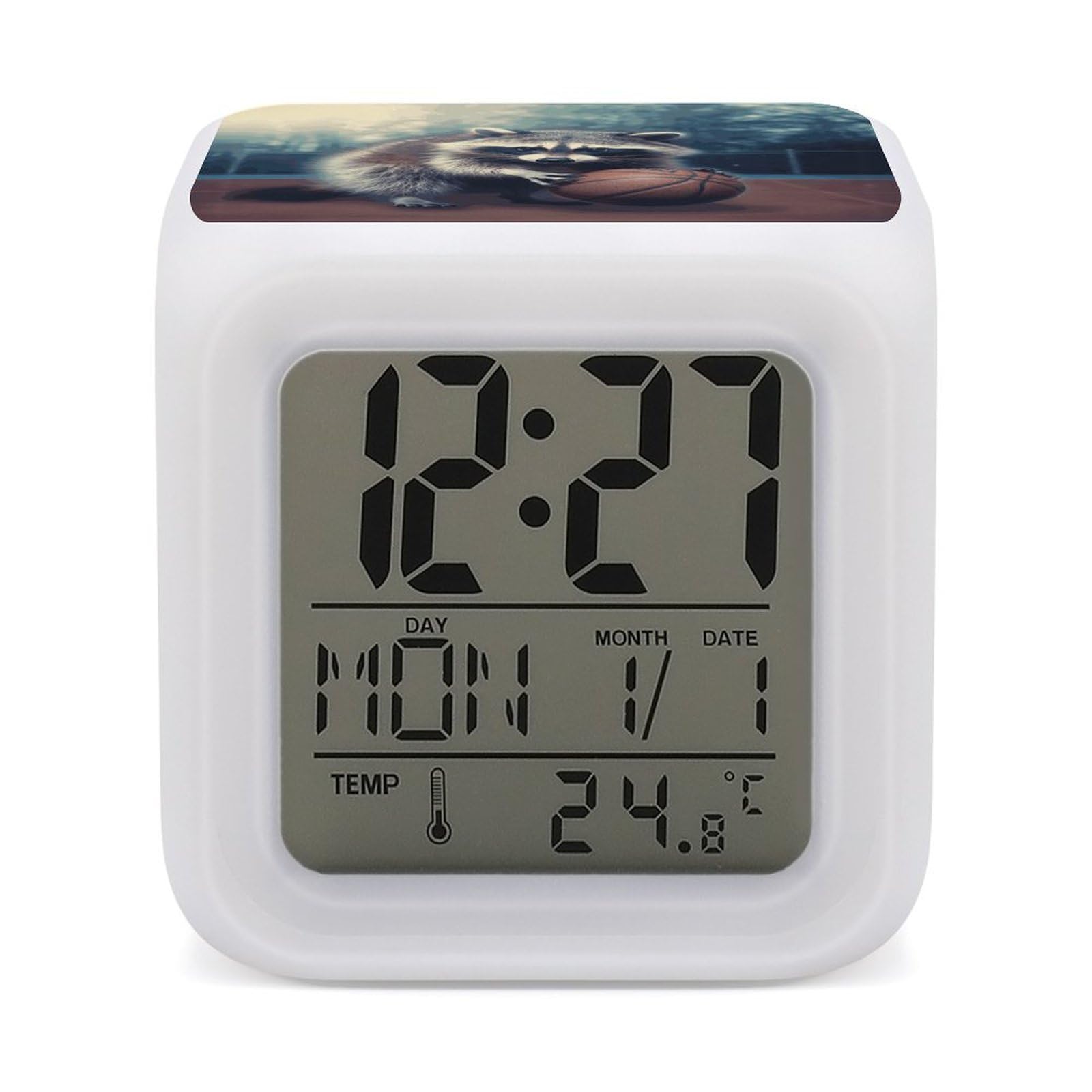 JTREHY 7 Color Changing LED Digital Alarm Clock,Funny Raccoon Basketball Printed Wake-up Clock with Temperature Display Home Decoration Alarm Clock for Bedroom Office
