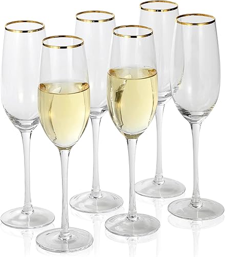 Juego de 6 copas de champán con borde dorado de 8.0 onzas, vidrio transparente soplado a mano con borde dorado disponible en Yaxa Peru