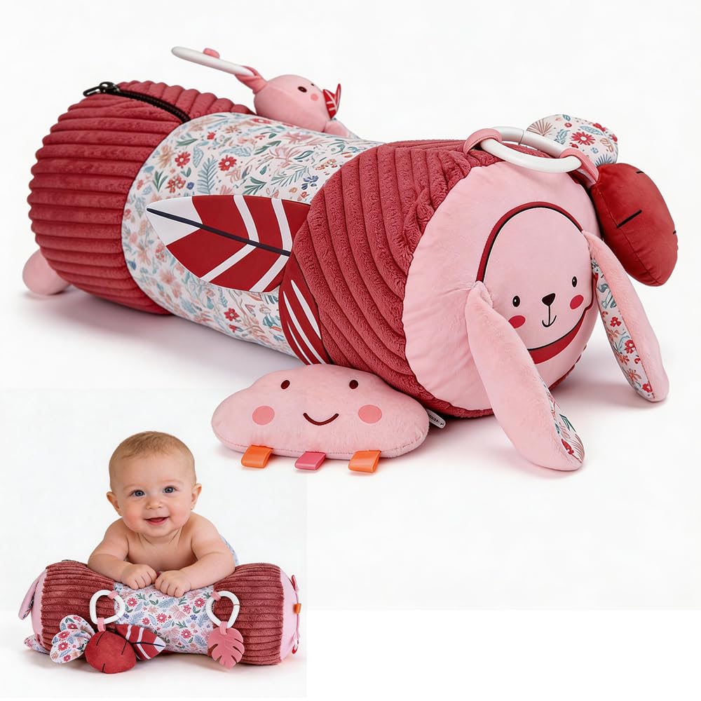 Wxeadu Tummy Time Pillow, Interactive Soft Baby Pillow with Detachable Sensory Toys for Baby Inflatable Design, Montessori Sensory Pillow, Infant Tummy Time Pillow for Baby Infants Newborn (Pink)