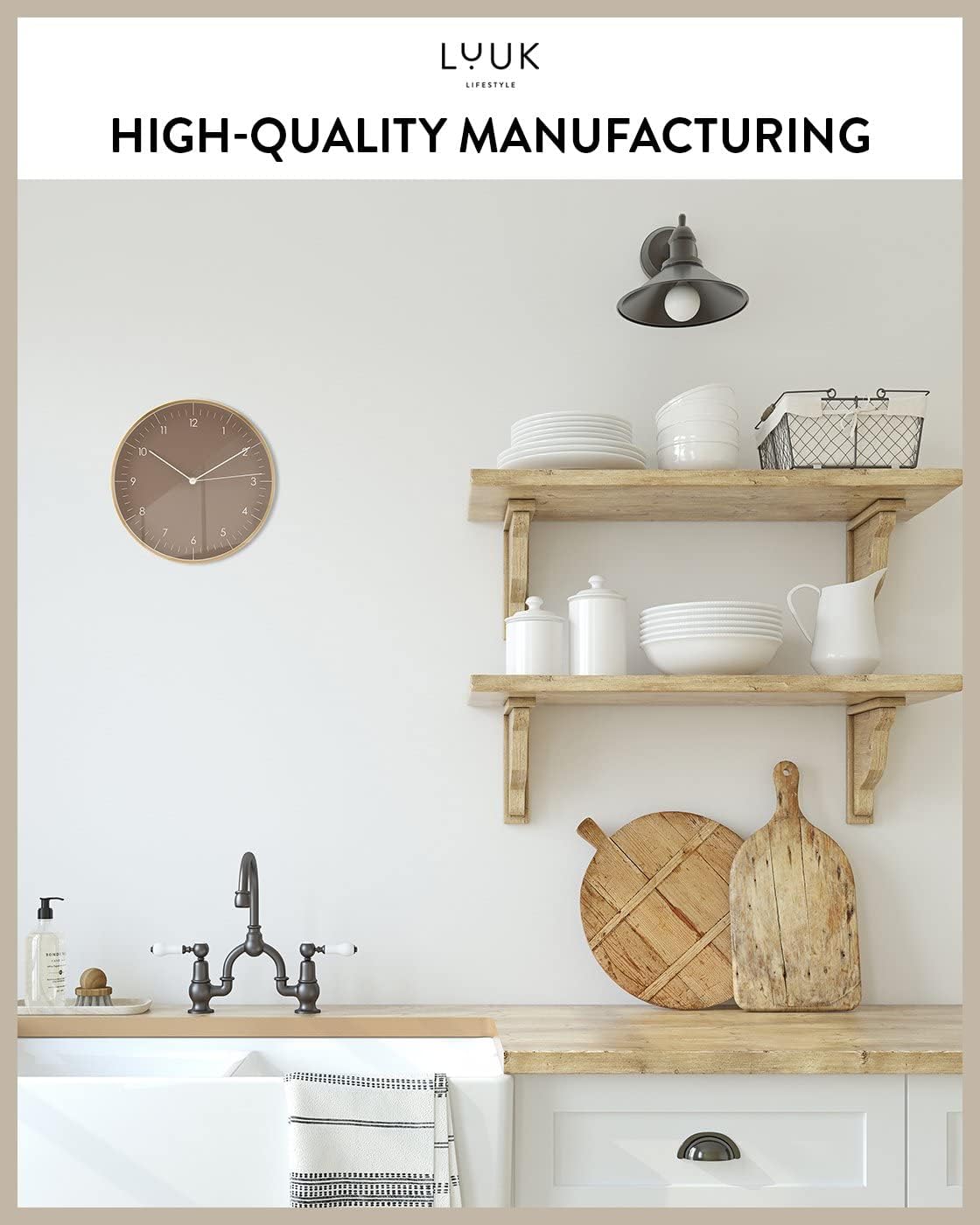 LUUK LIFESTYLE 10” Wall Clock with Silent Movement, Minimalist Scandinavian Design, Kitchen Clock, Decoration for Living Room, Bedroom, Hallway, Housewarming Present, in Brown and Gold