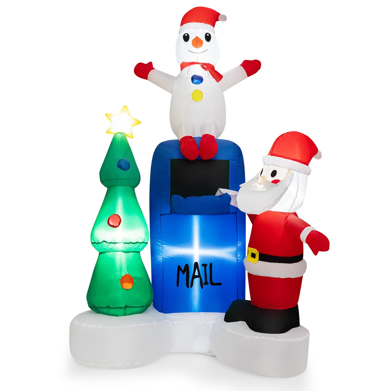 COSTWAY Décoration Gonflable de Noël 185cm avec Lumières LED | Décoration Père Noël Boîte aux Lettres et Bonhomme de Neige avec Sac de Sable pour Fêtes Intérieur/Extérieur