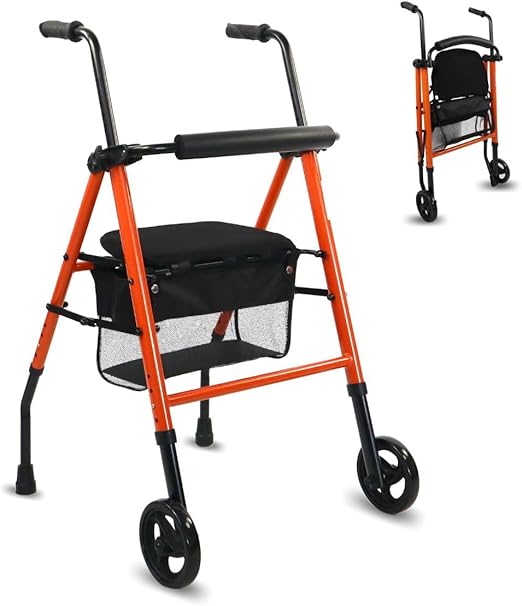 Mobiclinic®, Deambulatore per anziani, Nerón, Marchio europeo, Adulti o disabili, In acciaio, Leggero, Pieghevole, Con seduta, Cestino e 2 ruote, Colore arancione
