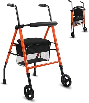Mobiclinic®, Folding Lightweight Walker, Nerón, Rollator, with Seat and Backrest, Wheels and Non-Slip Tips, Height Adjustable, Basket, Max. 100 Kg, Steel, Orange