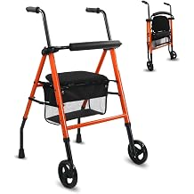 Mobiclinic , Folding Lightweight Walker, Ner n, Rollator, with Seat and Backrest, Wheels and Non-Slip Tips, Height Adjustable, Basket, Max. 100 Kg, Steel, Orange