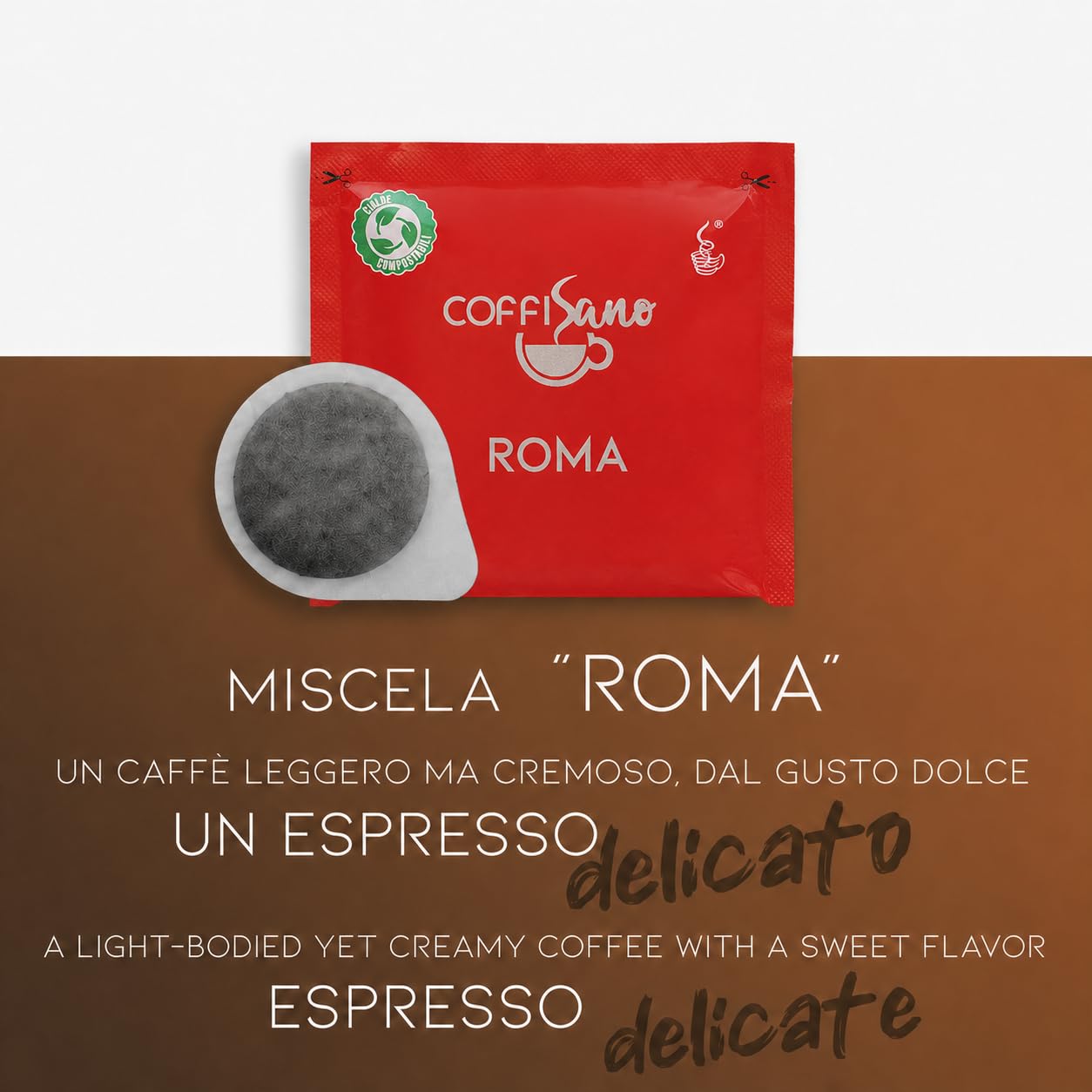 COFFISANO 50 Cialde Caffè in Filtro Carta Compostabile ESE 44 mm Miscela Roma, Bustine Espresso Italiano Monodose – Gusto Cremoso ed Equilibrato (Confezione da 4)