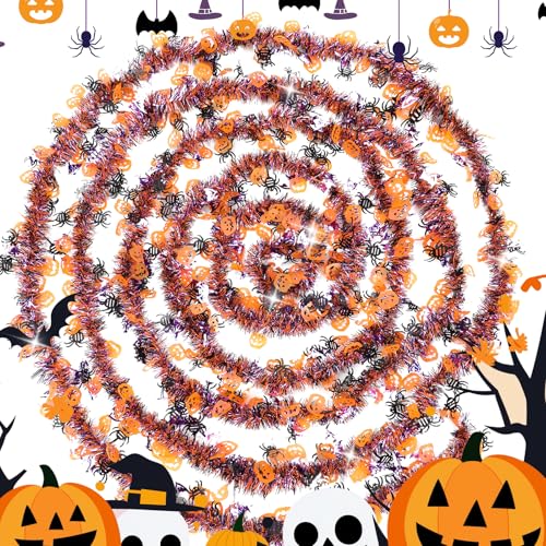 Image of 33 FT Halloween Tinsel Garland Decorations,Orange Purple Black Halloween Garland with Pumpkins, Bat, Spider Shiny Metallic Garlands for Indoor Outdoor Decorations