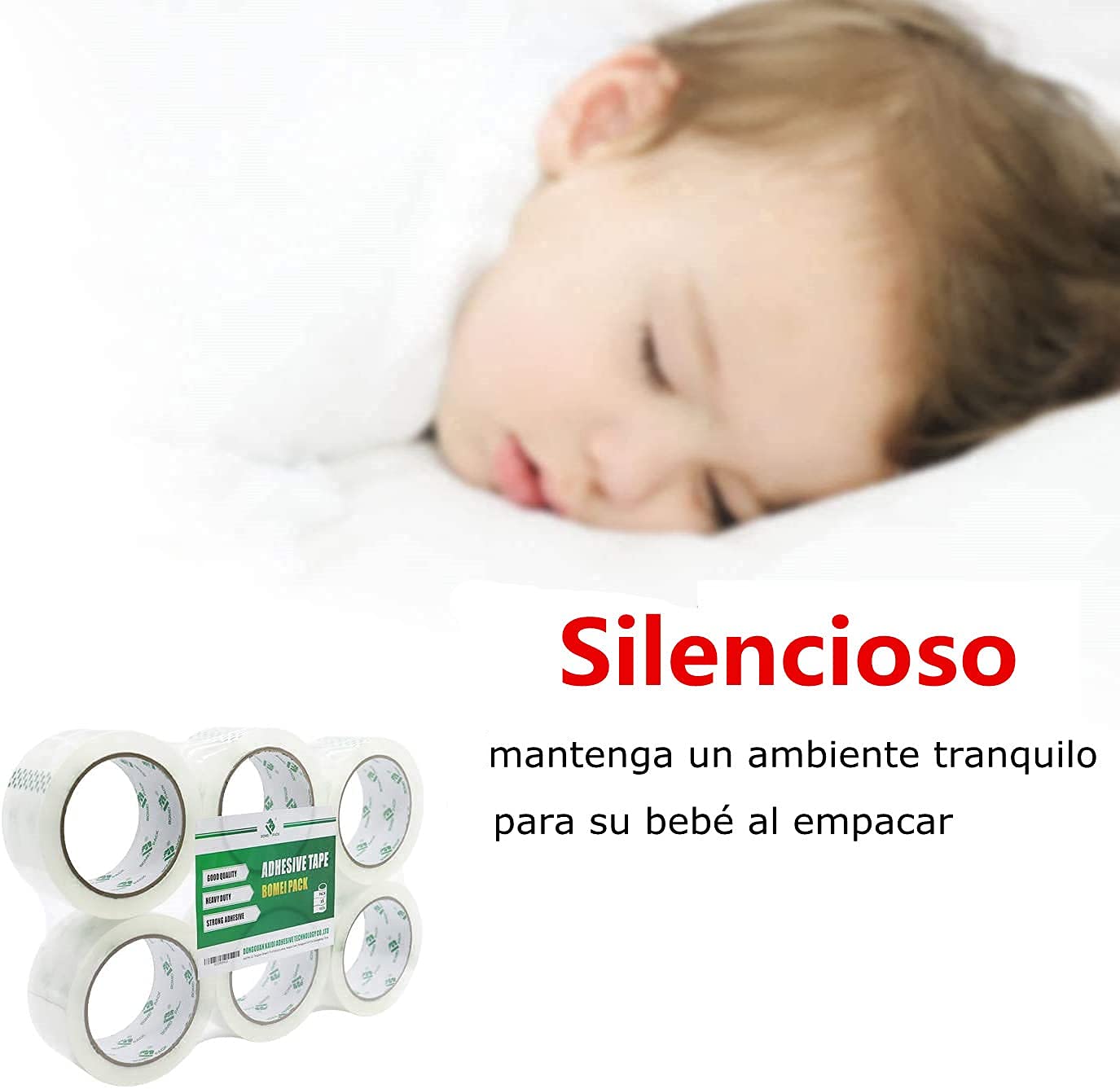 BOMEI PACK 12 Rollos Silencioso Cinta Embalar Adhesiva 48MMx 66M, para Cajas y Paquetes, 60micron Silencioso Cinta Adhesiva con dispensador