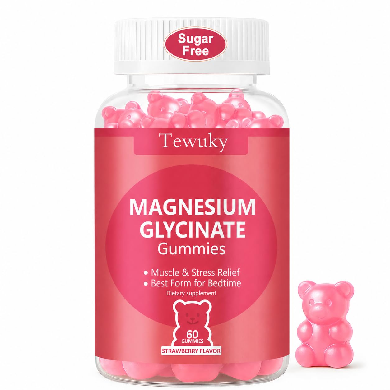Magnesium Glycinate Gummies 500mg, Sugar-Free for Adults & Kids, Magnesium Gummy for Relaxation, Stress & Muscle Relief, Supports Bone & Nerve Health, Vegan, Pectin-Based, 60 Count, Strawberry Flavor Strawberry 60 Count (Pack of 1)