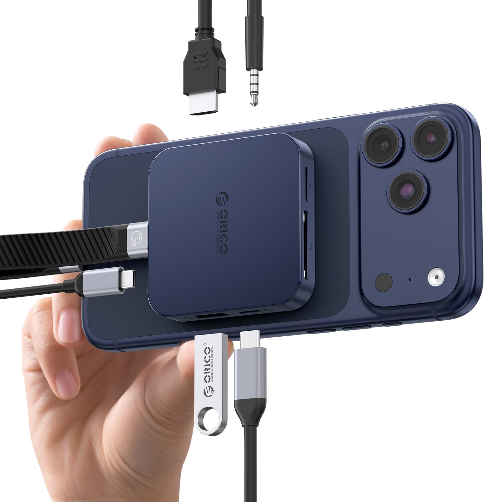 ORICO Conexión de Acoplamiento Magnética USB C, Carcasa para SSD M.2 NVMe, Docking Station 8 en 1 con HDMI 4K@60Hz, PD 100W, USB-A 10 Gbps, SD/TF, Audio. Hub USB C Dockingstation para iPhone MG7