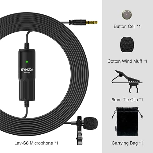 Miniatura 9 de SYNCO Micrófono Lavalier para DSLR, Lav S8 Micrófono de solapa para iPhone Cámara PC Android Reducción de ruido Auto-Emparejamiento Omnidireccional