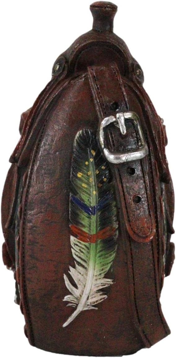 Ebros Gift Rustic Western Country Faux Tooled Leather Cowboy Horse Saddle with Tribal Dreamcatcher Feathers Decorative Flower Bouquet Vase Or Planter Figurine 8" High Southwestern Centerpiece Accent