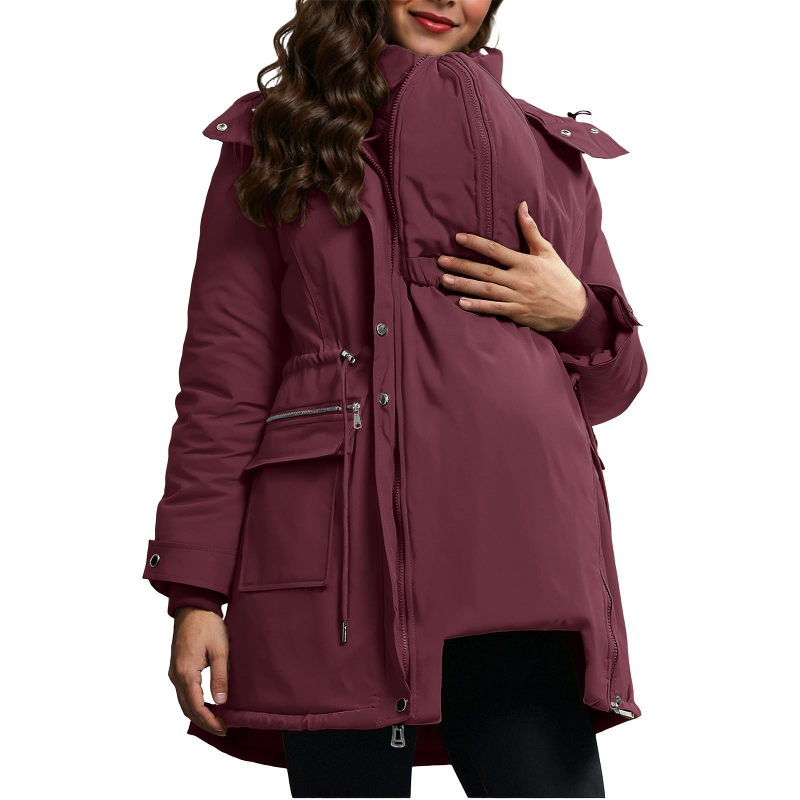 Abrigos de Invierno para Embarazadas,Chaqueta Porteo Mujer con Capucha | Abrigo 3 en 1 Premamá y Porteo Chaquetas Larga Gruesa de Manga Larga con Bolsillos Parka Cálida para Porteo de Bebé