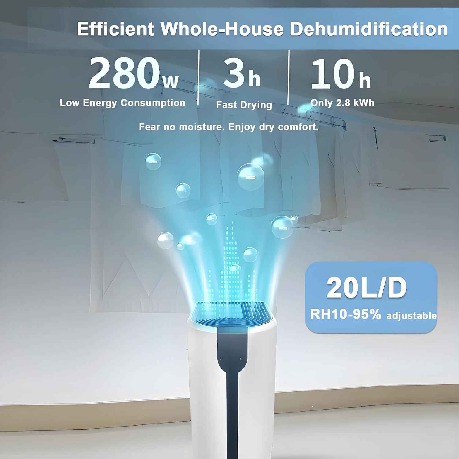Osuszacz powietrza do całego domu, wydajność 20 l/dzień, zasięg 35 m², inteligentne sterowanie aplikacją (2,4 GHz i 5 GHz), energooszczędny 280W, ciągły drenaż, przenośny z kółkami 360°