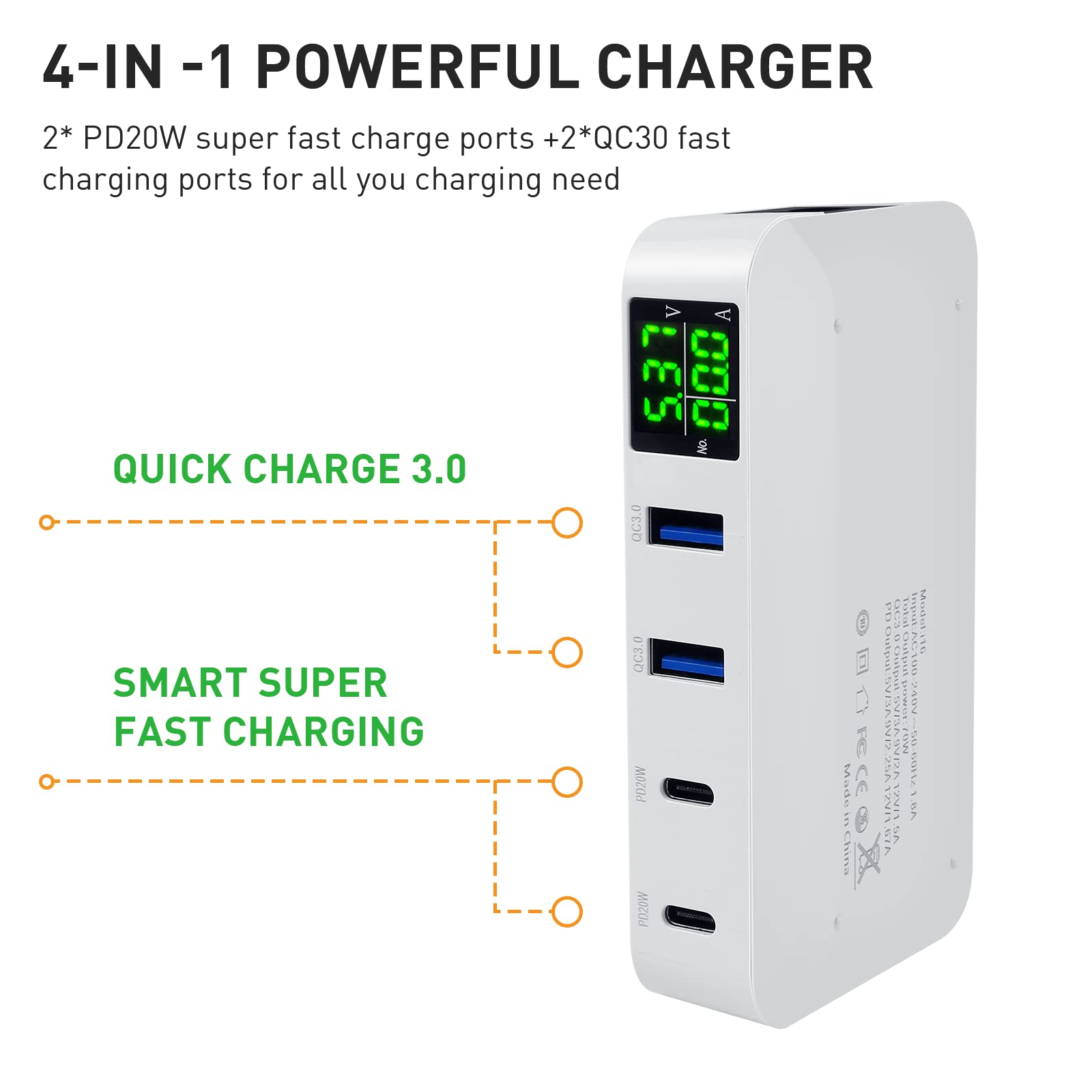 ideallife Caricabatterie USB super veloce, stazione di ricarica USB a 4 porte da 70 W 12 A, caricatore PD da 20 W e hub di ricarica USB C multi porta QC3.0 con display LCD, compatibile con iPhone,